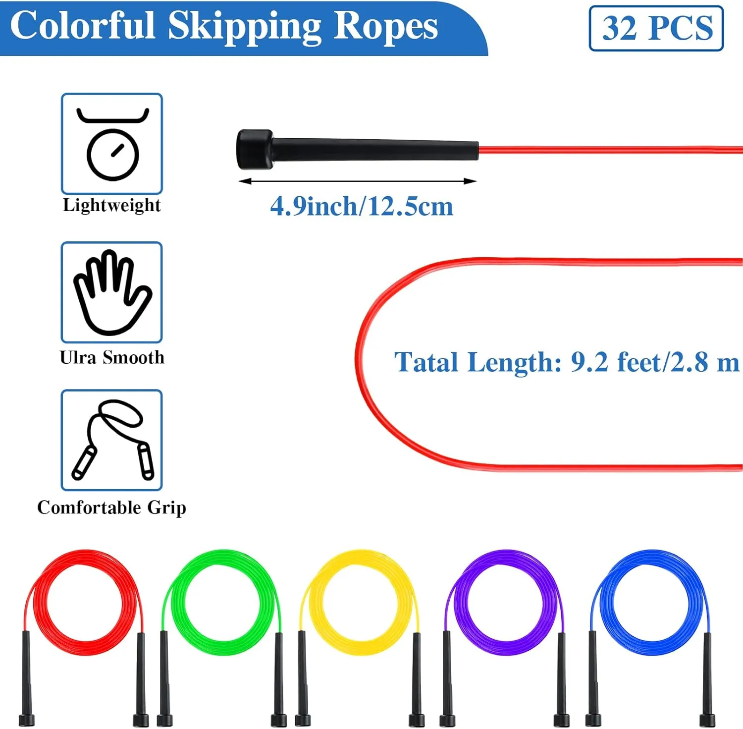 Xinnun 32 Pcs PVC Jump Ropes for Fitness 9.2 ft Adjustable Skipping Rope Versatile Unbreakable Rope with Plastic Handle for Women Men Endurance Training Cardio Exercise Workout