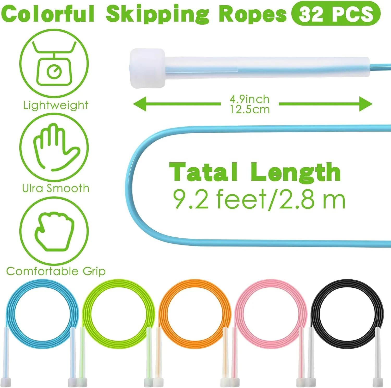 Xinnun 32 Pcs PVC Jump Ropes for Fitness 9.2 ft Adjustable Skipping Rope Versatile Unbreakable Rope with Plastic Handle for Women Men Endurance Training Cardio Exercise Workout