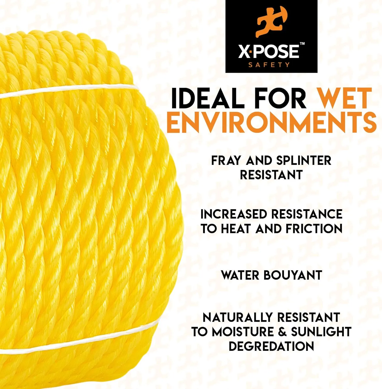 Xpose Safety Yellow Twisted Polypropylene Rope - Floating Poly Pro Cord - Oil Resistant, Moisture, Marine Growth & Chemicals - Reduced Slip, Easy Knot, Flexible (Yellow - Pack of 1, 3/8" x 1200')