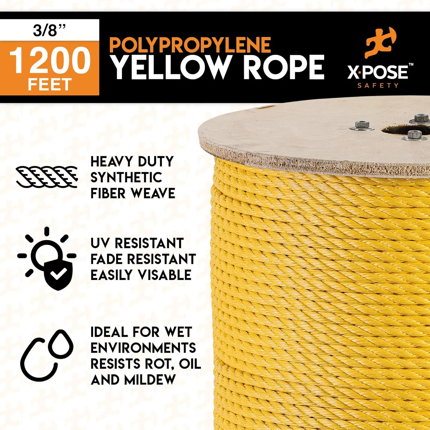 Xpose Safety Yellow Twisted Polypropylene Rope - Floating Poly Pro Cord - Oil Resistant, Moisture, Marine Growth & Chemicals - Reduced Slip, Easy Knot, Flexible (Yellow - Pack of 1, 3/8" x 1200')