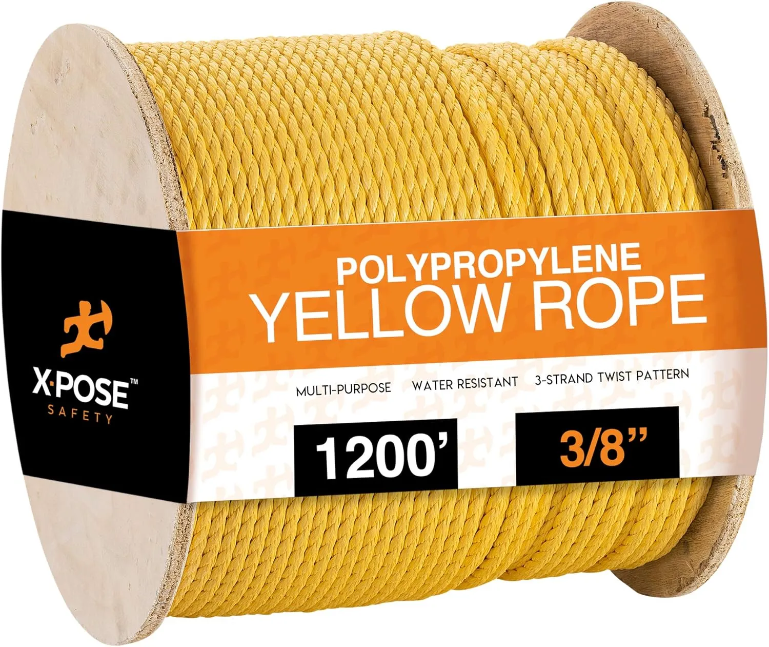 Xpose Safety Yellow Twisted Polypropylene Rope - Floating Poly Pro Cord - Oil Resistant, Moisture, Marine Growth & Chemicals - Reduced Slip, Easy Knot, Flexible (Yellow - Pack of 1, 3/8" x 1200')