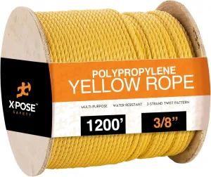Xpose Safety Yellow Twisted Polypropylene Rope - Floating Poly Pro Cord - Oil Resistant, Moisture, Marine Growth & Chemicals - Reduced Slip, Easy Knot, Flexible (Yellow - Pack of 1, 3/8" x 1200')