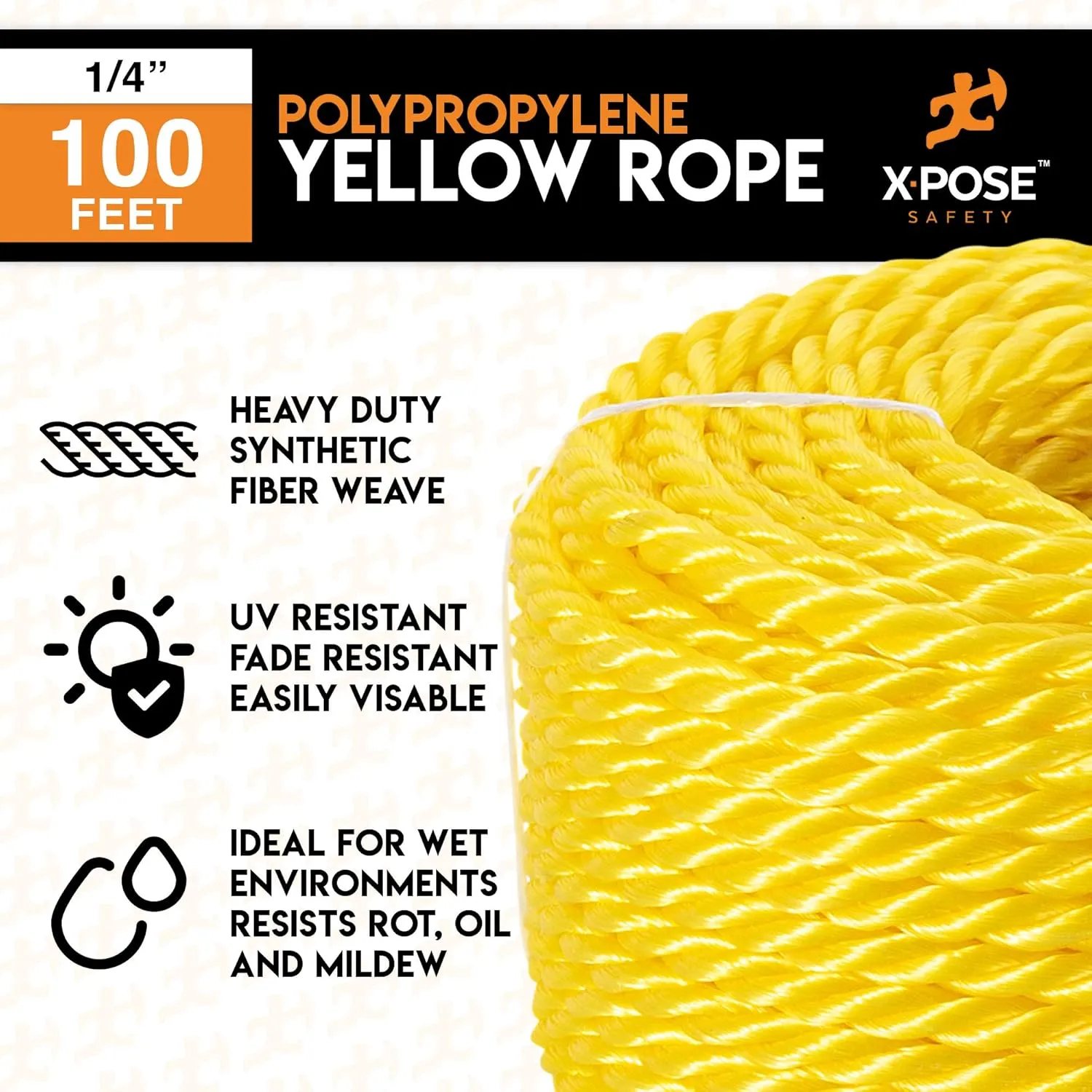 Xpose Safety Yellow Twisted Polypropylene Rope - Floating Poly Pro Cord - Oil Resistant, Moisture, Marine Growth & Chemicals - Reduced Slip, Easy Knot, Flexible (Yellow - Pack of 2, 1/4" x 100')