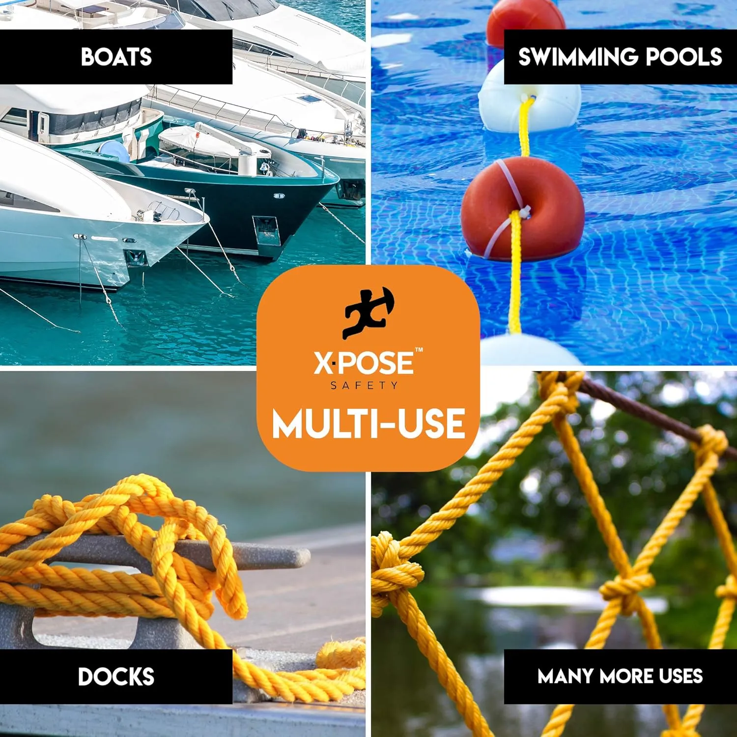 Xpose Safety Yellow Twisted Polypropylene Rope - Floating Poly Pro Cord - Oil Resistant, Moisture, Marine Growth & Chemicals - Reduced Slip, Easy Knot, Flexible (Yellow - Pack of 2, 1/4" x 100')