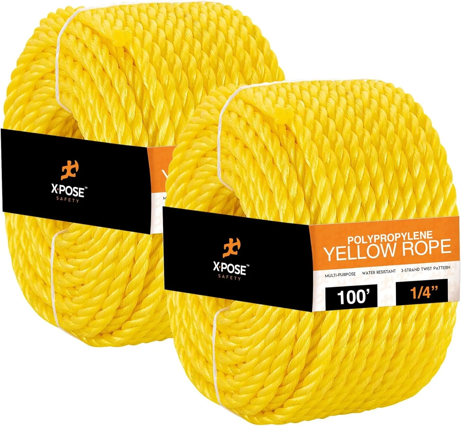 Xpose Safety Yellow Twisted Polypropylene Rope - Floating Poly Pro Cord - Oil Resistant, Moisture, Marine Growth & Chemicals - Reduced Slip, Easy Knot, Flexible (Yellow - Pack of 2, 1/4" x 100')