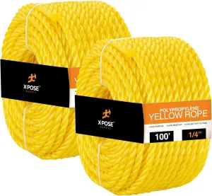 Xpose Safety Yellow Twisted Polypropylene Rope - Floating Poly Pro Cord - Oil Resistant, Moisture, Marine Growth & Chemicals - Reduced Slip, Easy Knot, Flexible (Yellow - Pack of 2, 1/4" x 100')