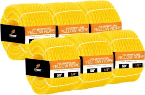 Xpose Safety Yellow Twisted Polypropylene Rope - Floating Poly Pro Cord - Oil Resistant, Moisture, Marine Growth & Chemicals - Reduced Slip, Easy Knot, Flexible (Yellow - Pack of 6, 1/4" x 50')