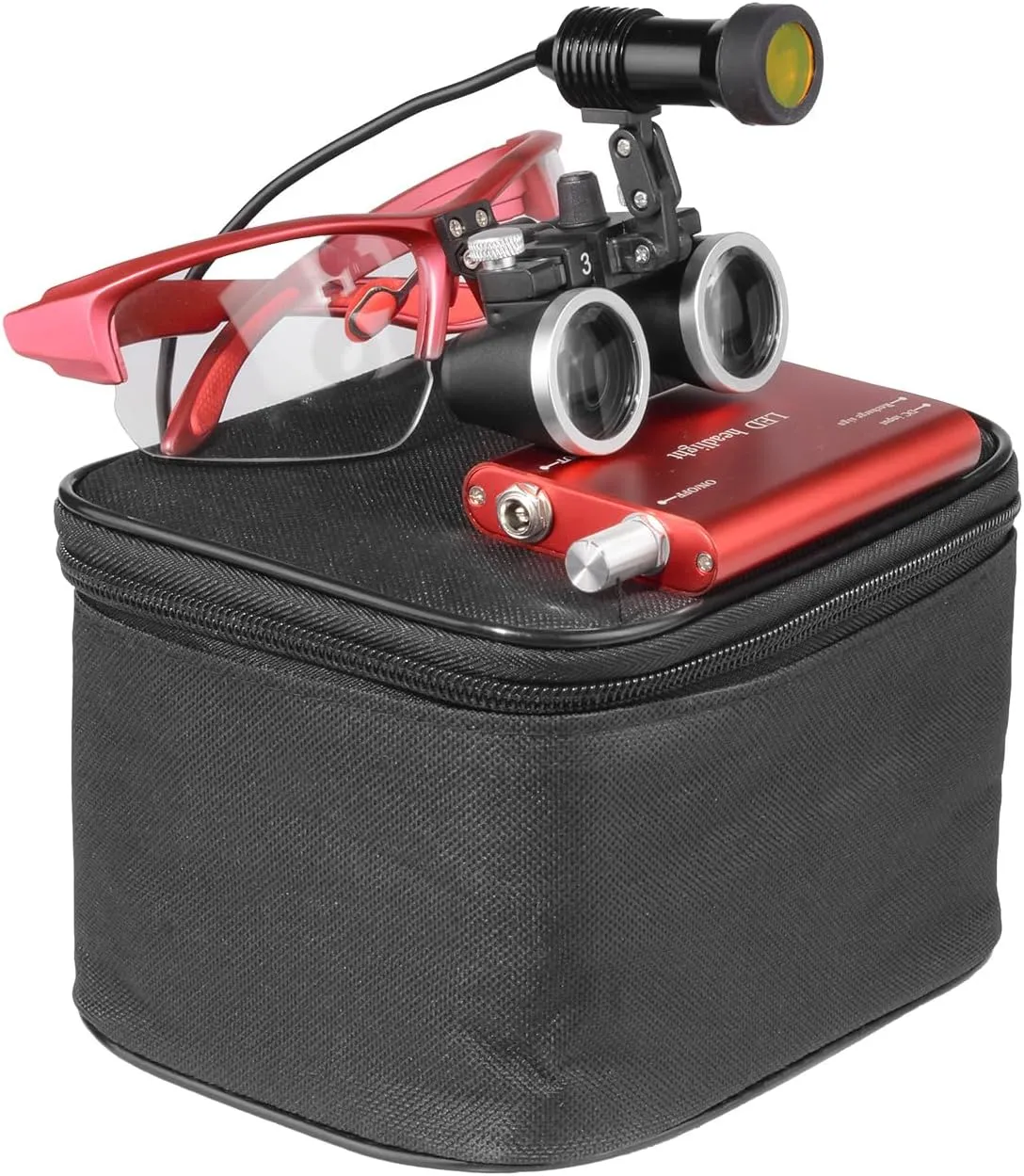 XUX Binocular Loupes 2.5X 3.5X Magnifier with 5W Headlight Yellow Filter 320-420mm Working Distance Rechargeable Cloth Case (Red, 3.5X)
