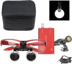 XUX Binocular Loupes 2.5X 3.5X Magnifier with 5W Headlight Yellow Filter 320-420mm Working Distance Rechargeable Cloth Case (Red, 3.5X)