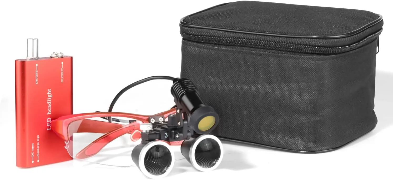 XUX Binocular Loupes 2.5X 3.5X Magnifier with 5W Headlight Yellow Filter 320-420mm Working Distance Rechargeable Cloth Case (Red, 3.5X)