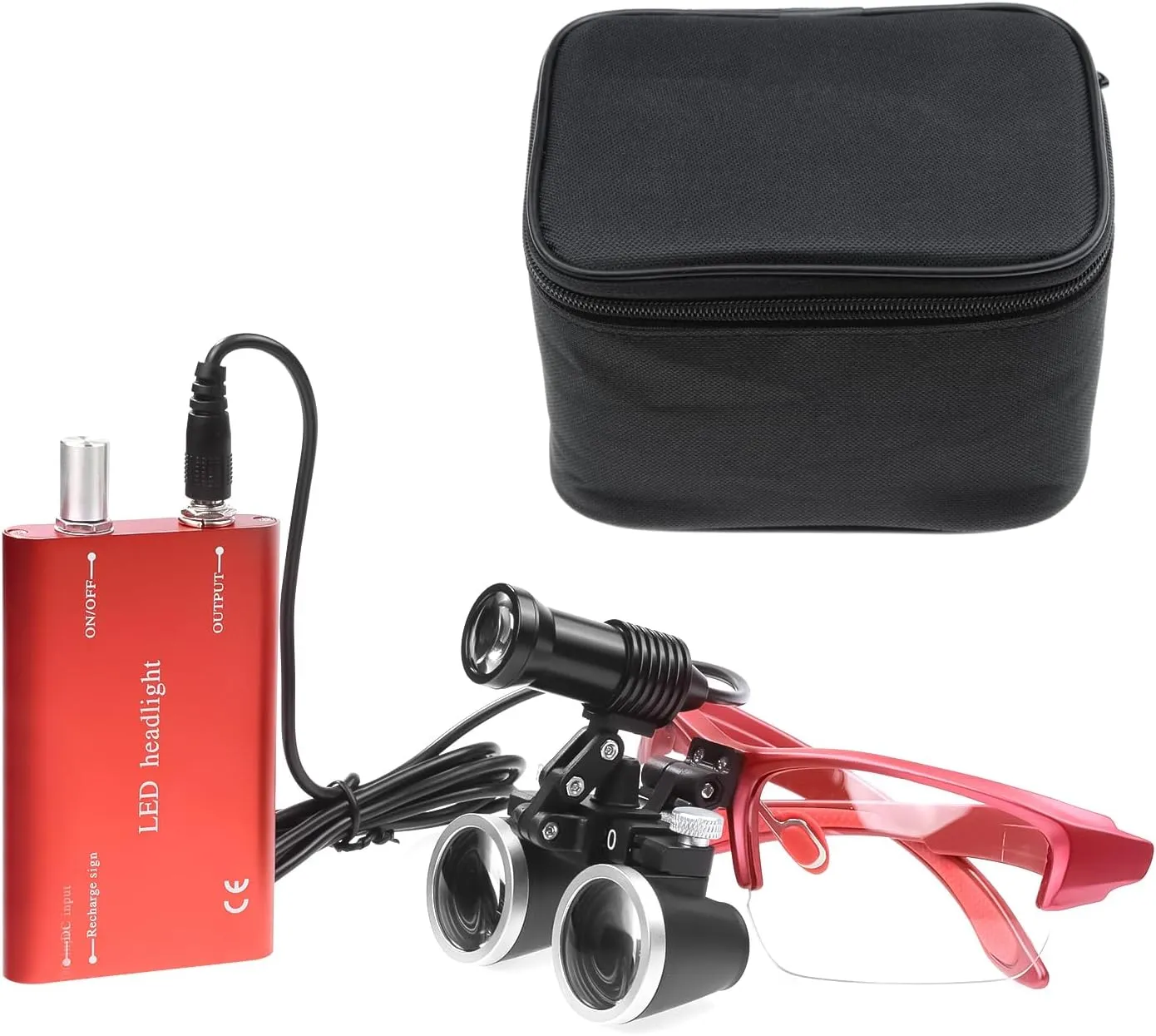 XUX Binocular Loupes 2.5X 3.5X Magnifier with 5W Headlight Yellow Filter 320-420mm Working Distance Rechargeable Cloth Case (Red, 3.5X)