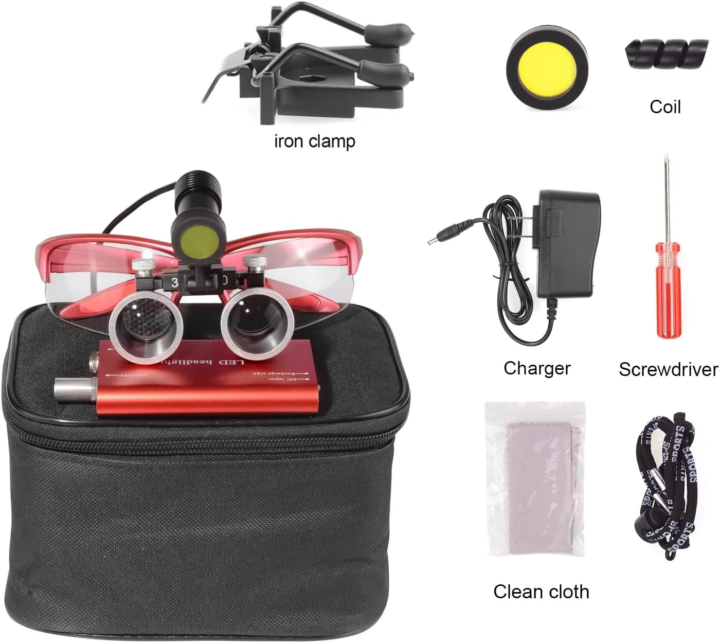 XUX Binocular Loupes 2.5X 3.5X Magnifier with 5W Headlight Yellow Filter 320-420mm Working Distance Rechargeable Cloth Case (Red, 3.5X)