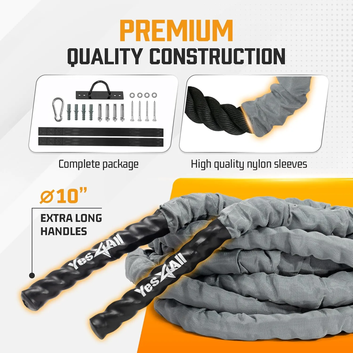 Yes4All Battle Ropes, Workout Rope with Cover, Steel Anchor & Strap Included, Heavy Ropes for Exercise Training - 1.5/2 Inch Diameter, 30, 40, 50 Ft Length