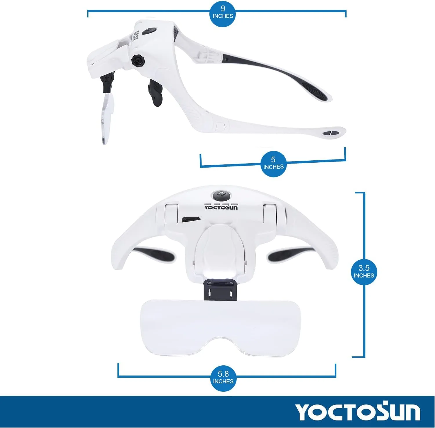 YOCTOSUN Magnifying Glasses with 4 LED Lights, Headband Magnifier with 5 Detachable Lenses 1X, 1.5X, 2X, 2.5X 3.5X -Rechargeable Hands Free Lighted Head Magnifier Glass for Crafts, Cross Stitch, Hobby