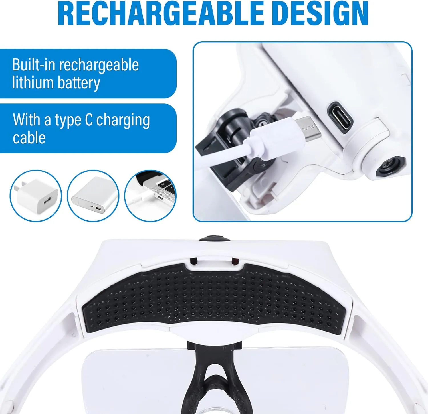 YOCTOSUN Magnifying Glasses with 4 LED Lights, Headband Magnifier with 5 Detachable Lenses 1X, 1.5X, 2X, 2.5X 3.5X -Rechargeable Hands Free Lighted Head Magnifier Glass for Crafts, Cross Stitch, Hobby