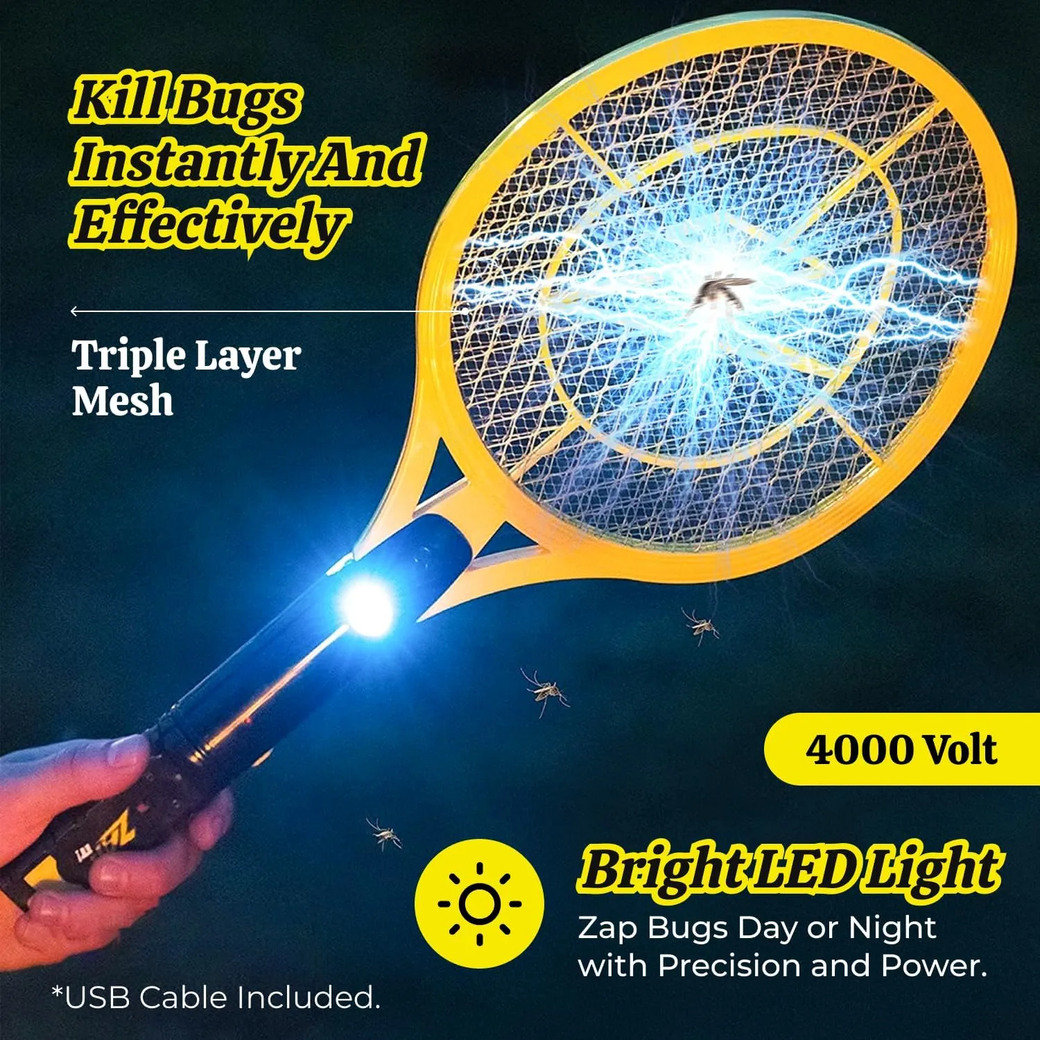 ZAP iT! 4,000 Volt Electric Handheld Bug Zapper Racket - USB Rechargeable Indoor Safe Mosquito Zapper and Fly Swatter for Indoor and Outdoor Use - 2 Pack (Large, Yellow)