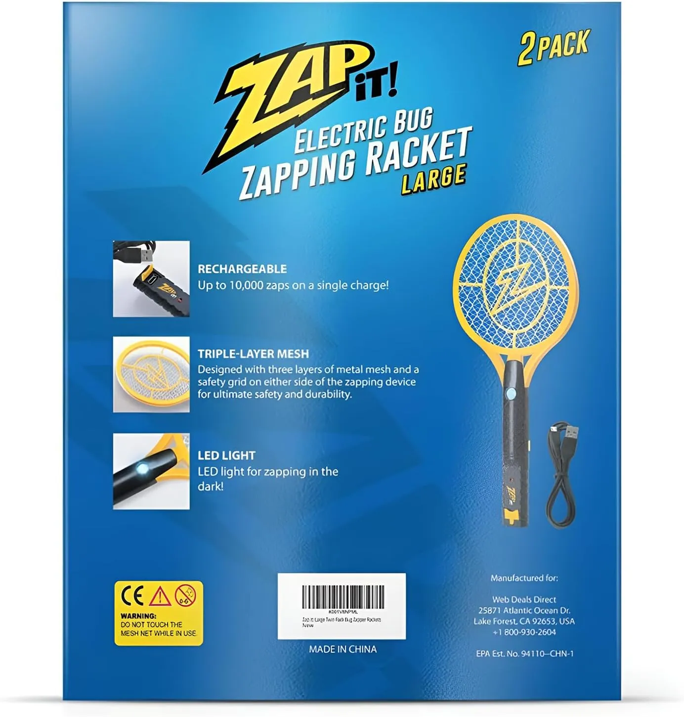 ZAP iT! 4,000 Volt Electric Handheld Bug Zapper Racket - USB Rechargeable Indoor Safe Mosquito Zapper and Fly Swatter for Indoor and Outdoor Use - 2 Pack (Large, Yellow)