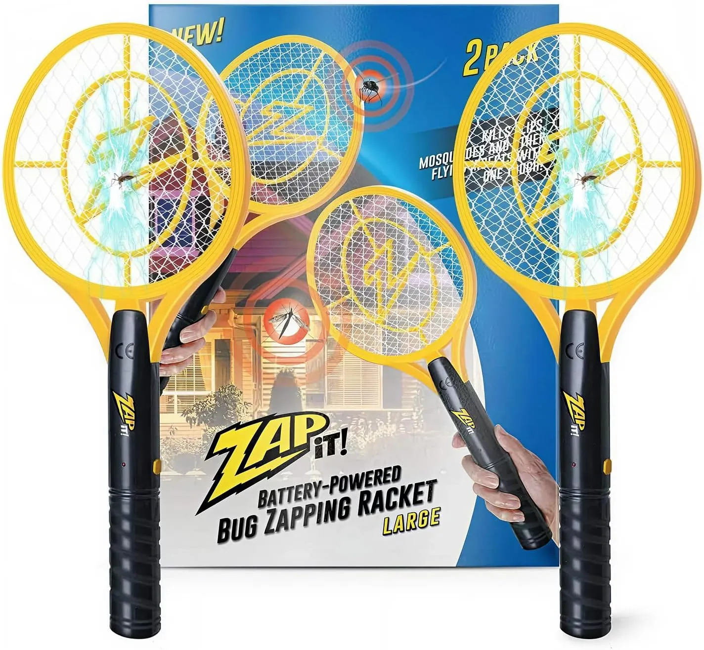 ZAP iT! 4,000 Volt Electric Handheld Bug Zapper Racket - USB Rechargeable Indoor Safe Mosquito Zapper and Fly Swatter for Indoor and Outdoor Use - 2 Pack (Large, Yellow)