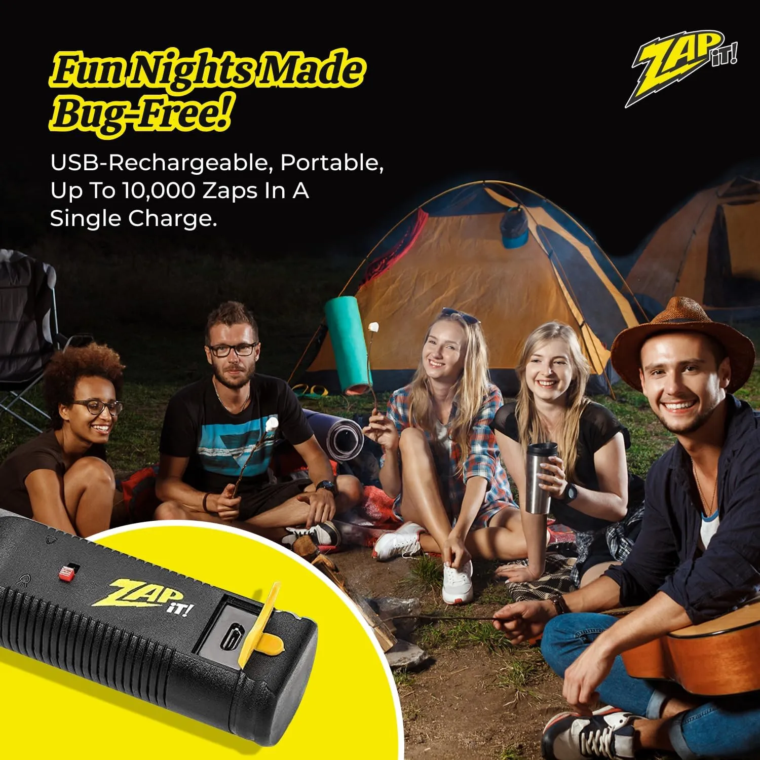 ZAP iT! 4,000 Volt Electric Handheld Bug Zapper Racket - USB Rechargeable Indoor Safe Mosquito Zapper and Fly Swatter for Indoor and Outdoor Use - 2 Pack (Large, Yellow)