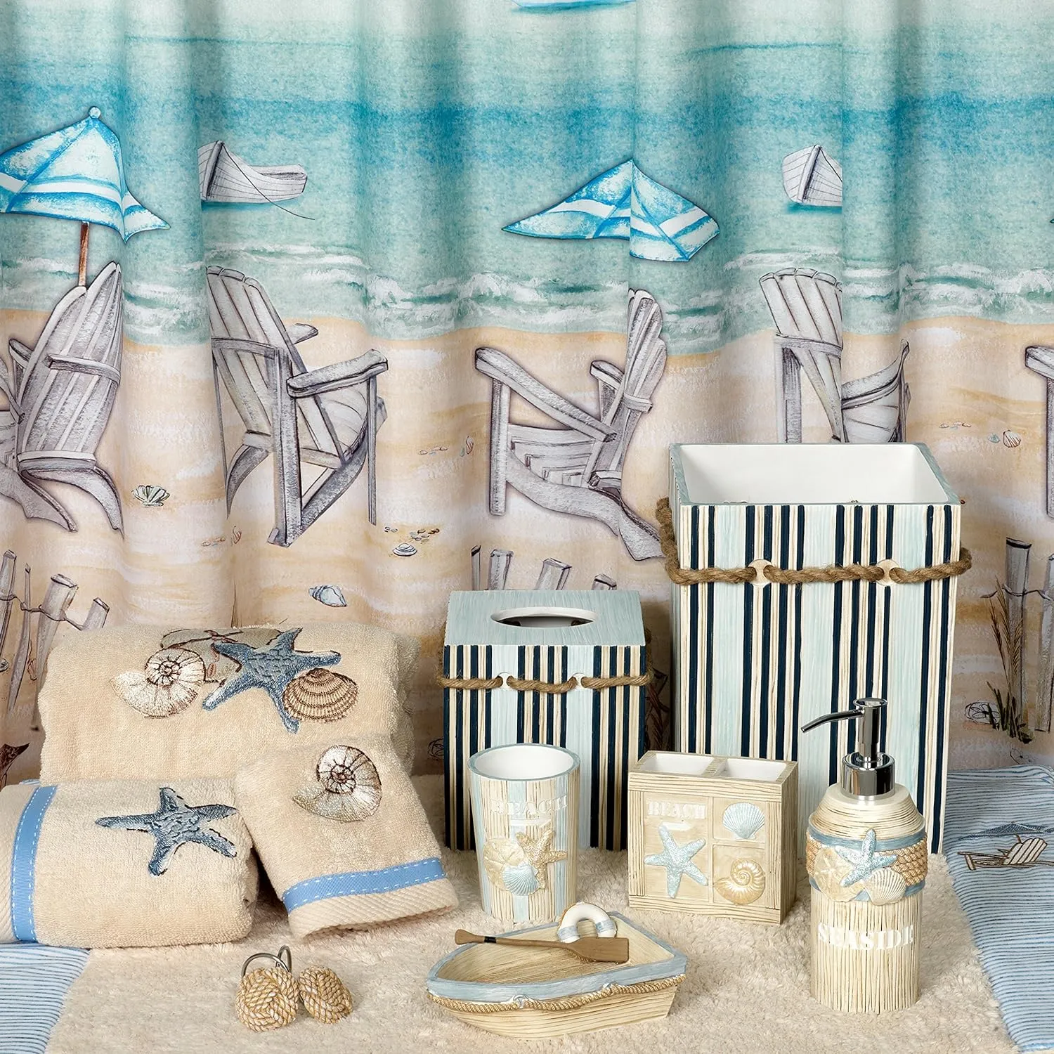 Zenna Home Shower Curtain Hooks Seaside Serenity Bath Accessories, Off-White