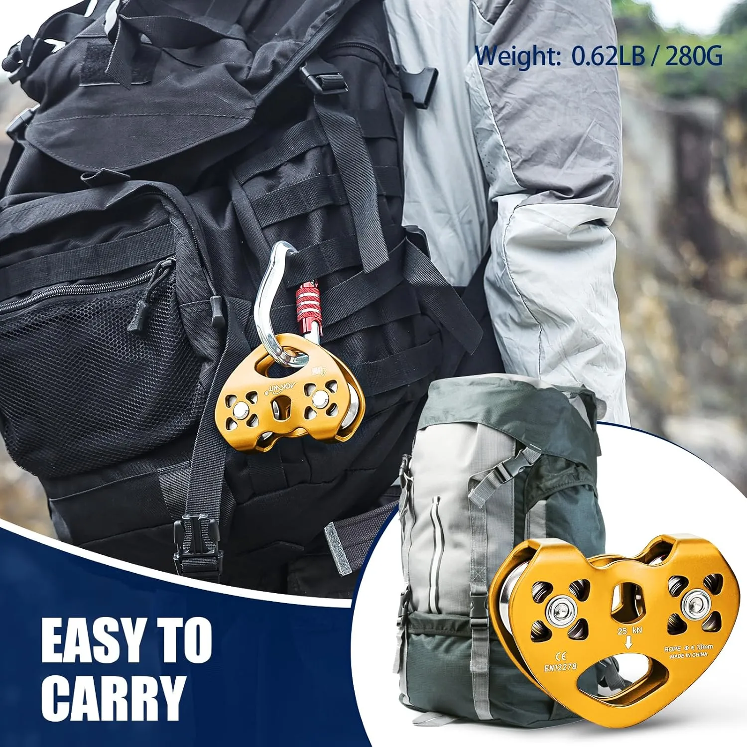 Zipline Pulley 25kn Aluminum Stainless Steel Roller Double Tandem Dual Trolley Ropes 8-13mm Climbing Pulley Cable Rope Heavy Duty for Rescue Hauling Backyard Zipline Rigging Rock Climbing Gear
