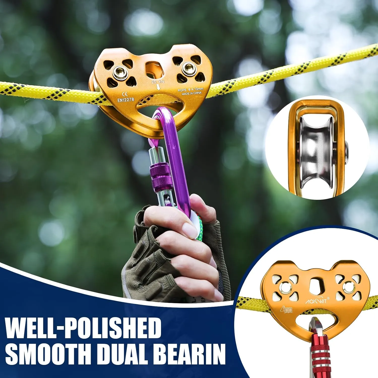 Zipline Pulley 25kn Aluminum Stainless Steel Roller Double Tandem Dual Trolley Ropes 8-13mm Climbing Pulley Cable Rope Heavy Duty for Rescue Hauling Backyard Zipline Rigging Rock Climbing Gear