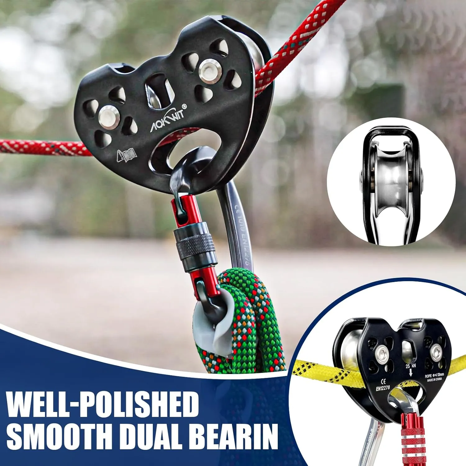 Zipline Pulley 25kn Aluminum Stainless Steel Roller Double Tandem Dual Trolley Ropes 8-13mm Climbing Pulley Cable Rope Heavy Duty for Rescue Hauling Backyard Zipline Rigging Rock Climbing Gear