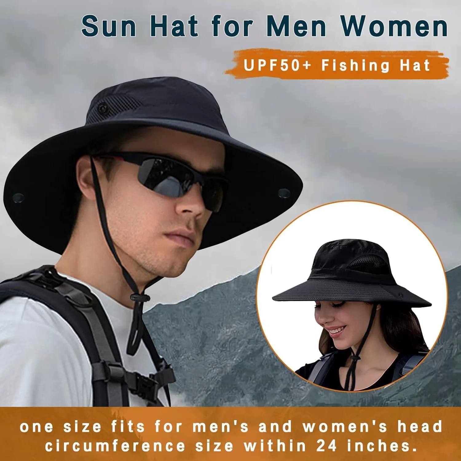 ZOORON Sun Hats for Men Women, Wide Brim Bucket Hats UV Protection UPF50  Waterproof Boonie Hats for Fishing Hiking Camping